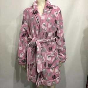 Munki Munki S/M Pink Sheep Wrap-Front Fleece Plush Bathrobe Winter